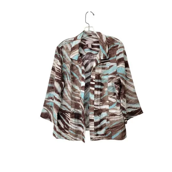 Chico's Women's Brown & Blue Abstract Animal Print Open Front Lightweight Jacket - Picture 4 of 4
